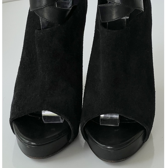 ALLSAINTS Black Suede Peep Toe Bootie Cross Strap Buckle Sandals Size 36 - Picture 10 of 16